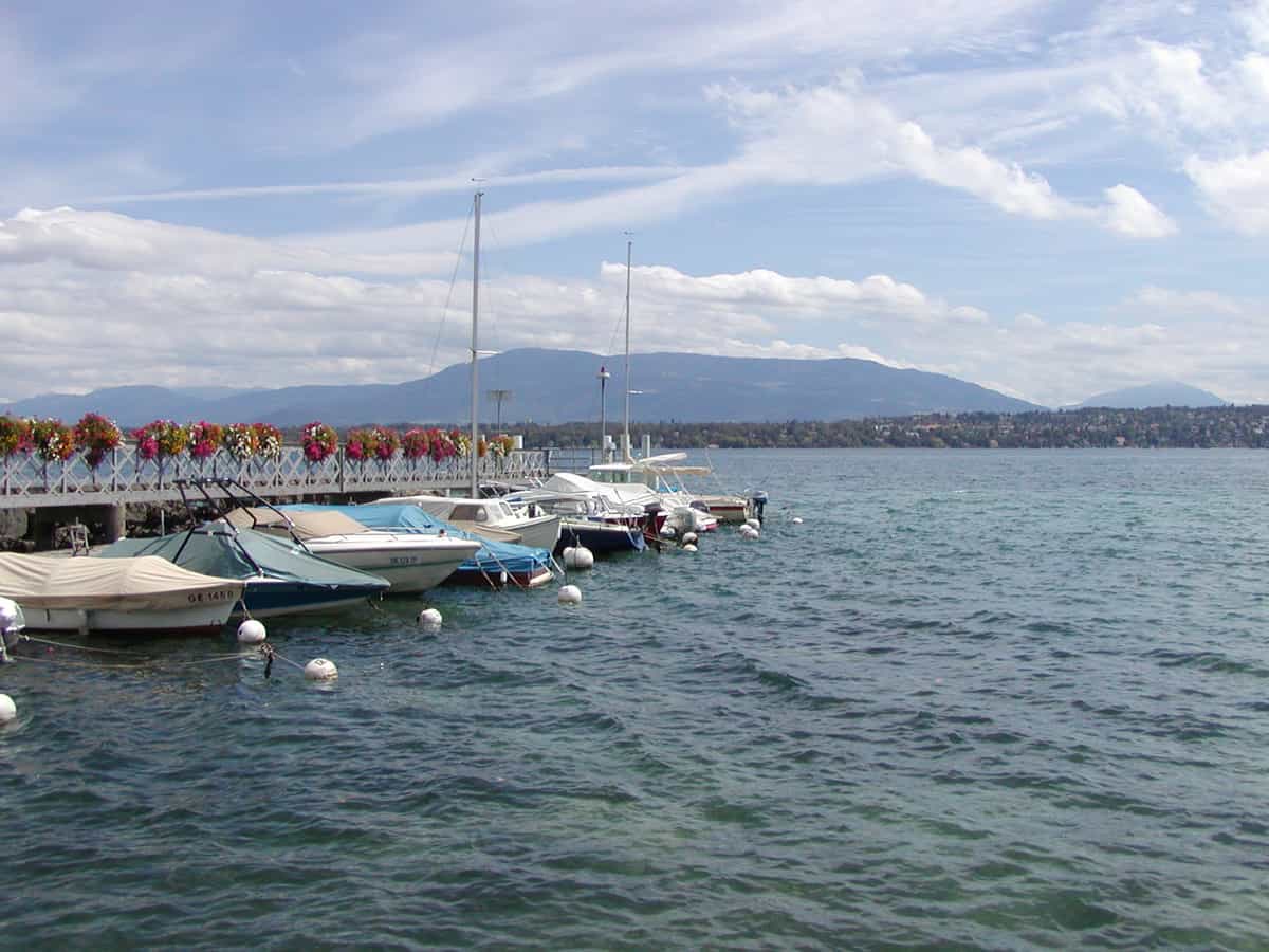 Blick auf den Genfersee von Bellevue aus, Kanton Genf, Schweiz