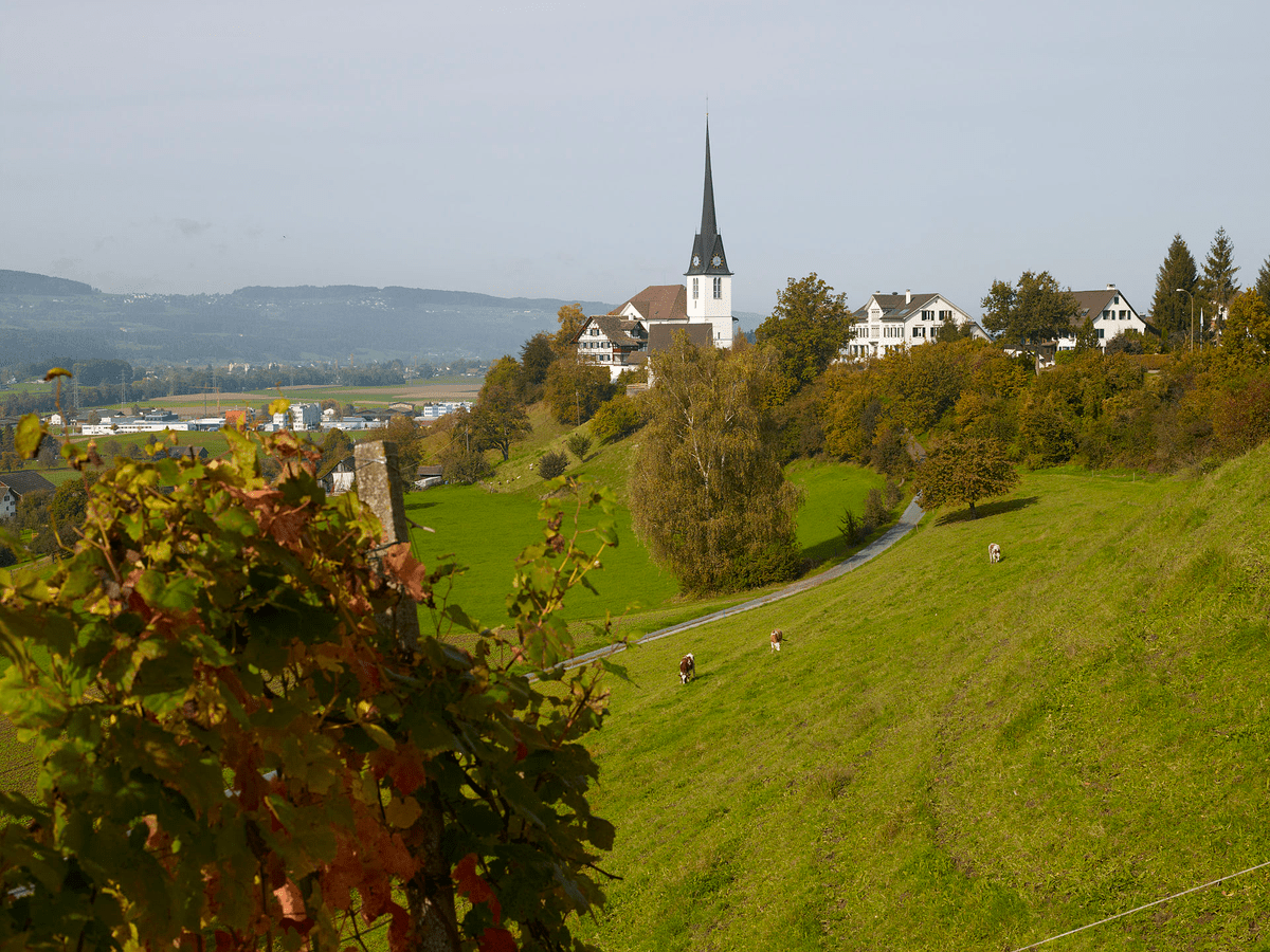 Reformierte Pfarrkirche mit Pfarrhaus und Helferei in Gossau-Dorf. Im Hintergrund liegt die kleine Industriezone.