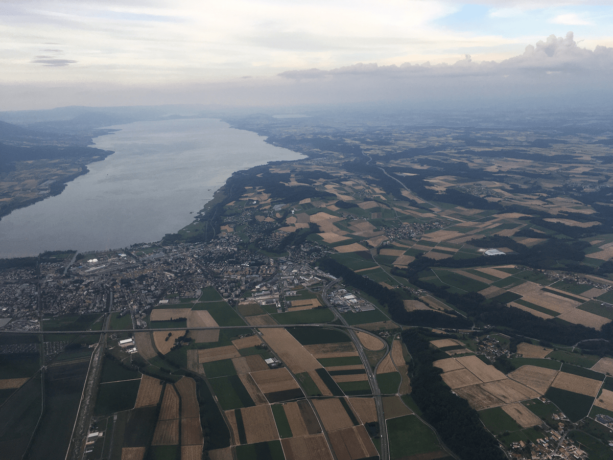Yverdon from the sky. In the foreground: A1/A5 motorway interchange.