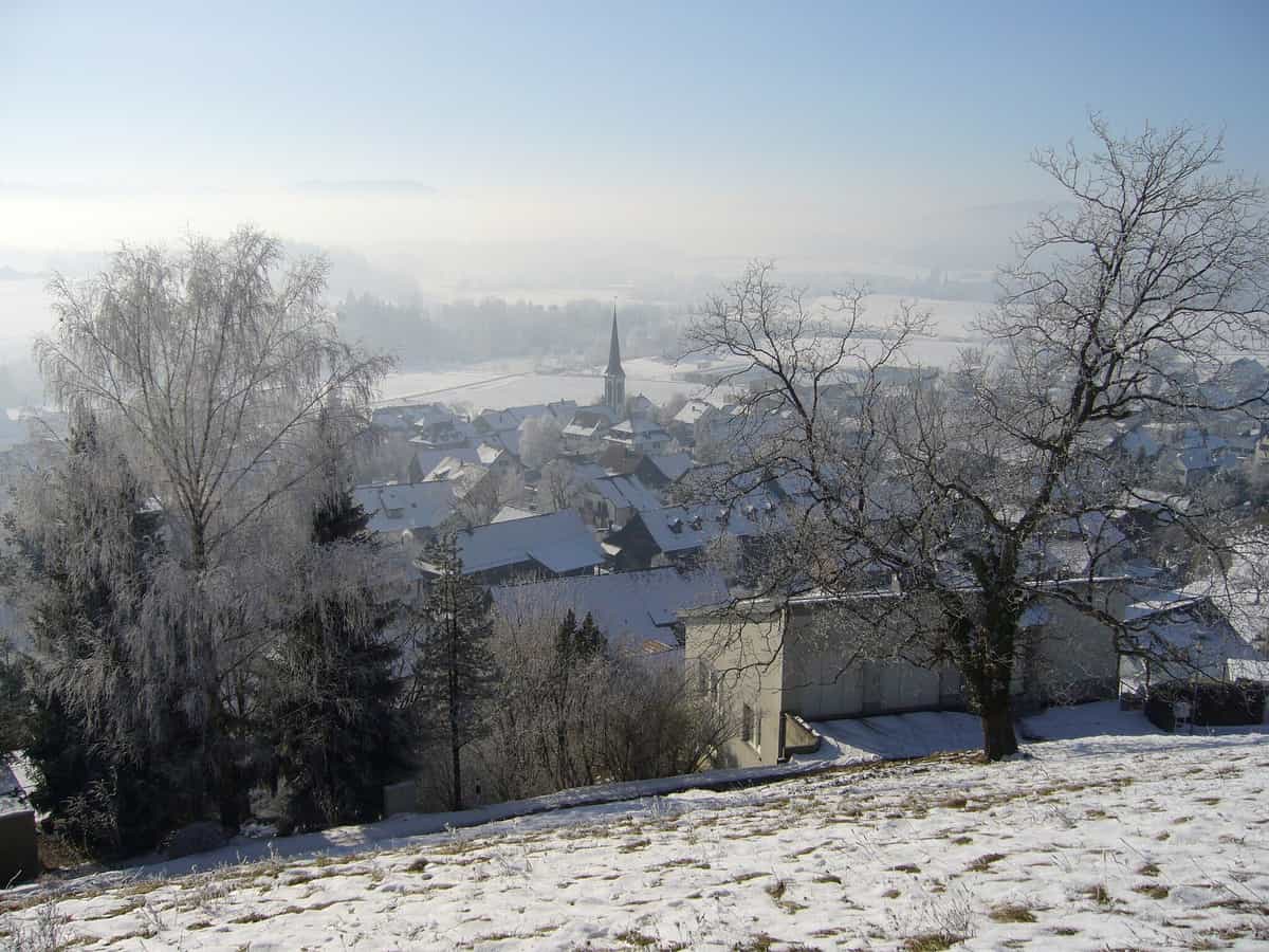 Blick vom Südhang des Sonnenbergs aufs Dorf zu Stettfurt.