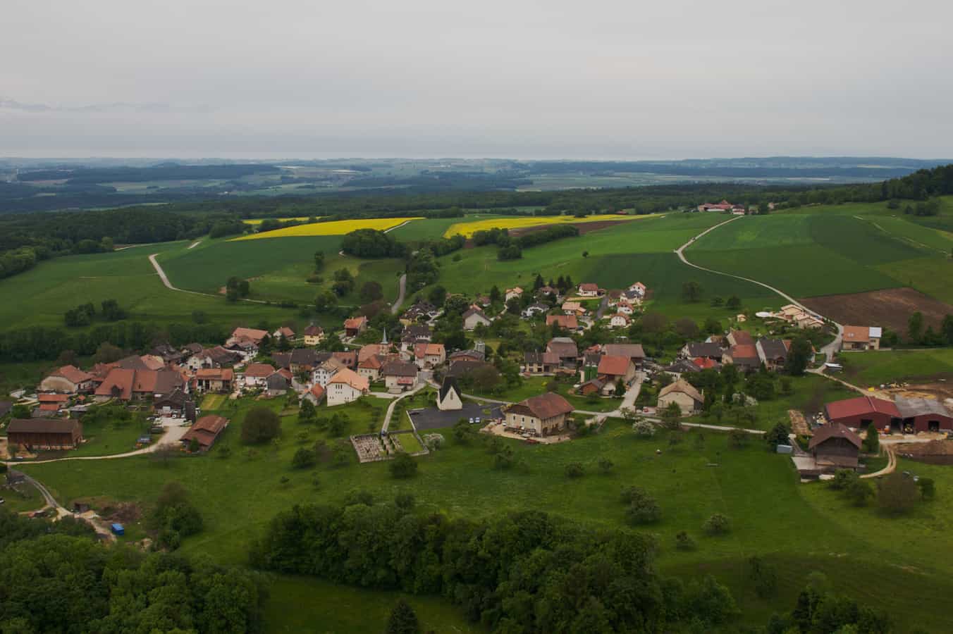 Das Dorf Juriens, mit einigen Rapsfeldern im Hintergrund. (Waadt, Schweiz)