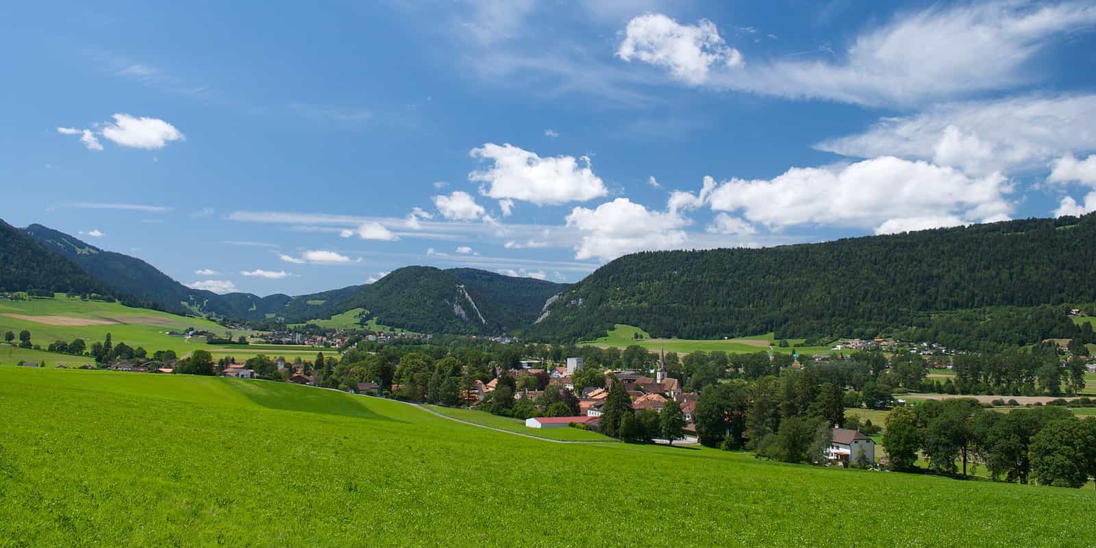 Blick auf das Val-de-Travers in seiner grünen Umgebung